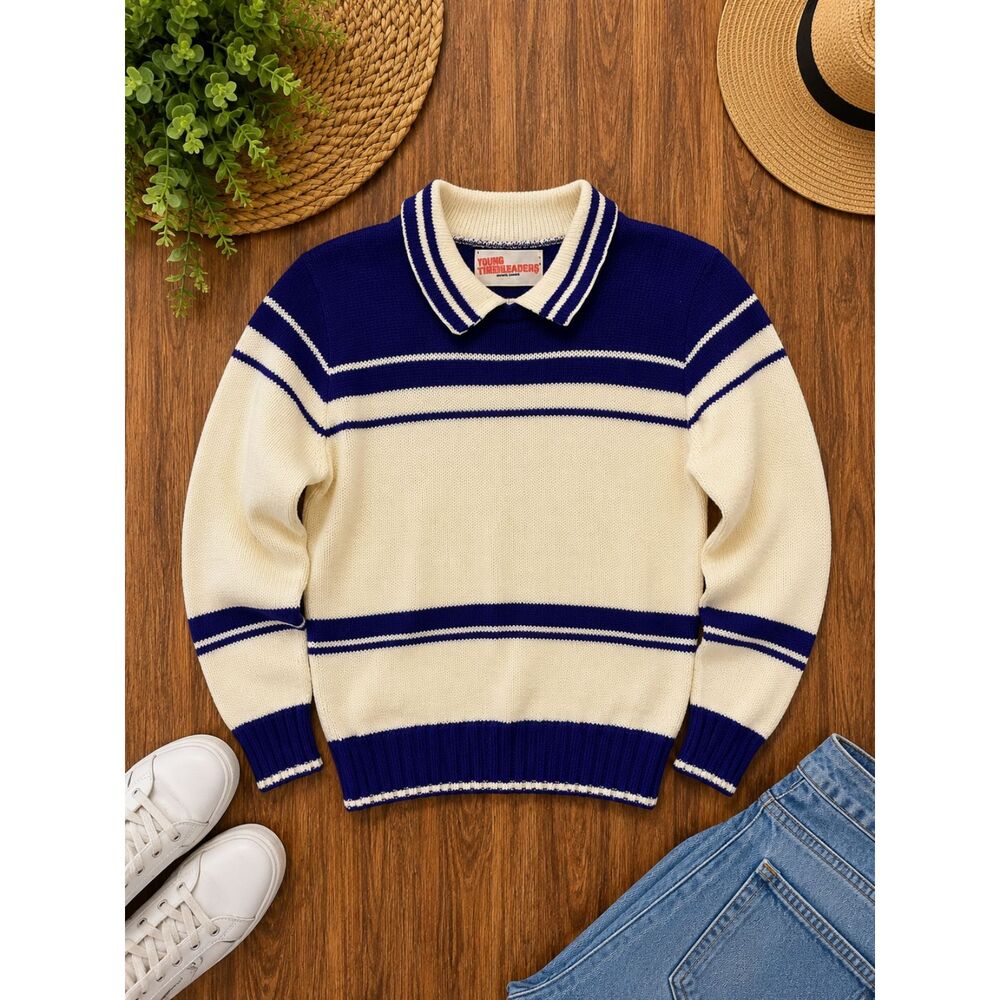 Vintage 80s Young Cheerleaders Knit Sweater USA Made Blue White Striped Collared
